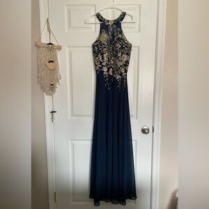 Betsy & Adam Navy Blue Evening Gown w Gold Floral Embroidery Prom Dress Formal